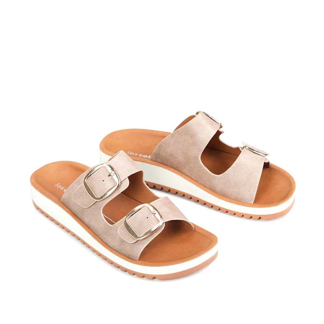 The Los Cabos Naara Taupe Adjustable Womens Summer Slide Sandal features two wide straps with large silver buckles, vegan leather, and a white platform sole with a brown base and ridged bottom for added grip., 9321191159003, 9321191159010, 9321191160078, 