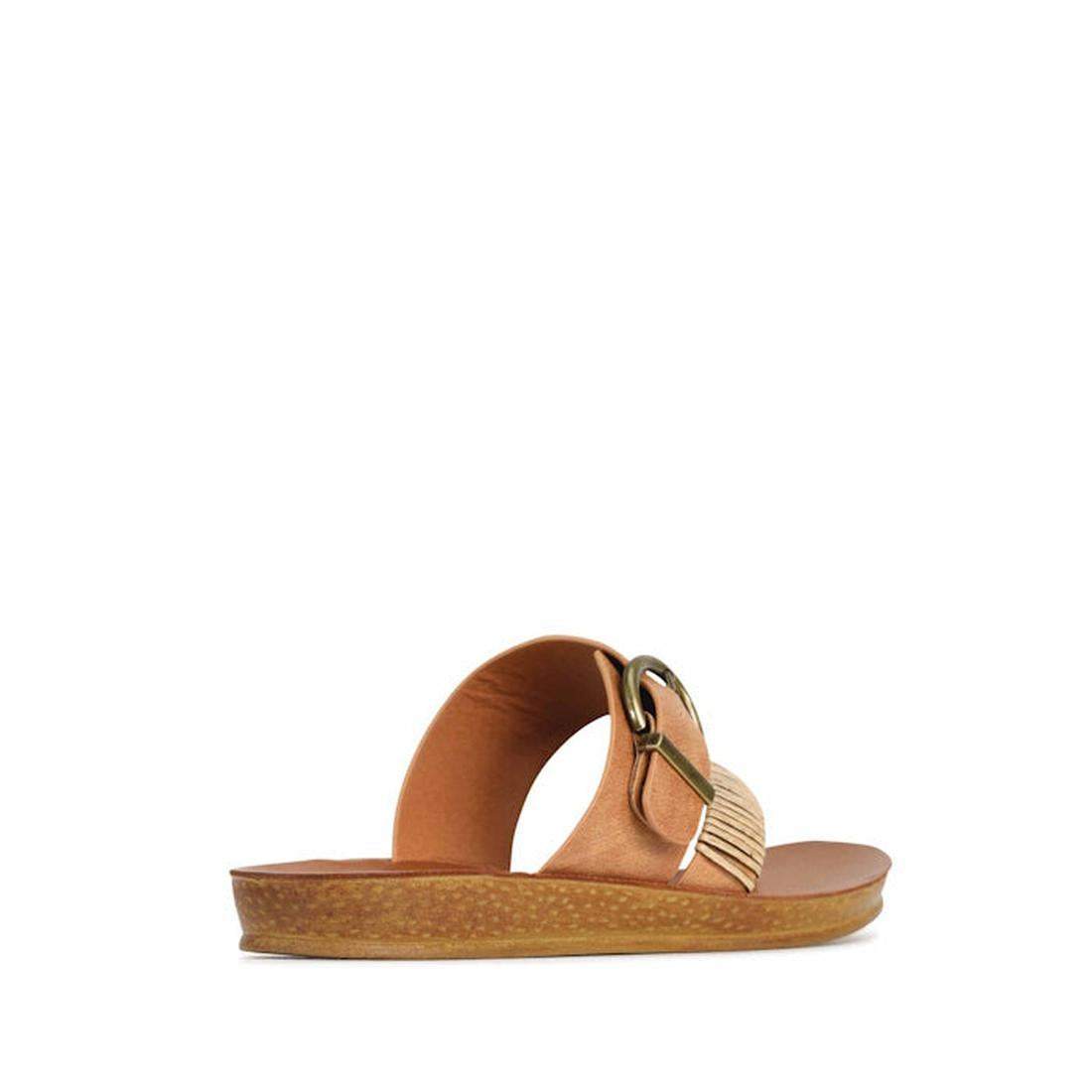 The Los Cabos Bria Brandy Brown Sandal Jandal features a light, flexible design with a thick strap, decorative gold buckle, and fringe on a low cork sole—perfect summer footwear—shown from the side on a white background., 9321191053226, 9321191053233, 932