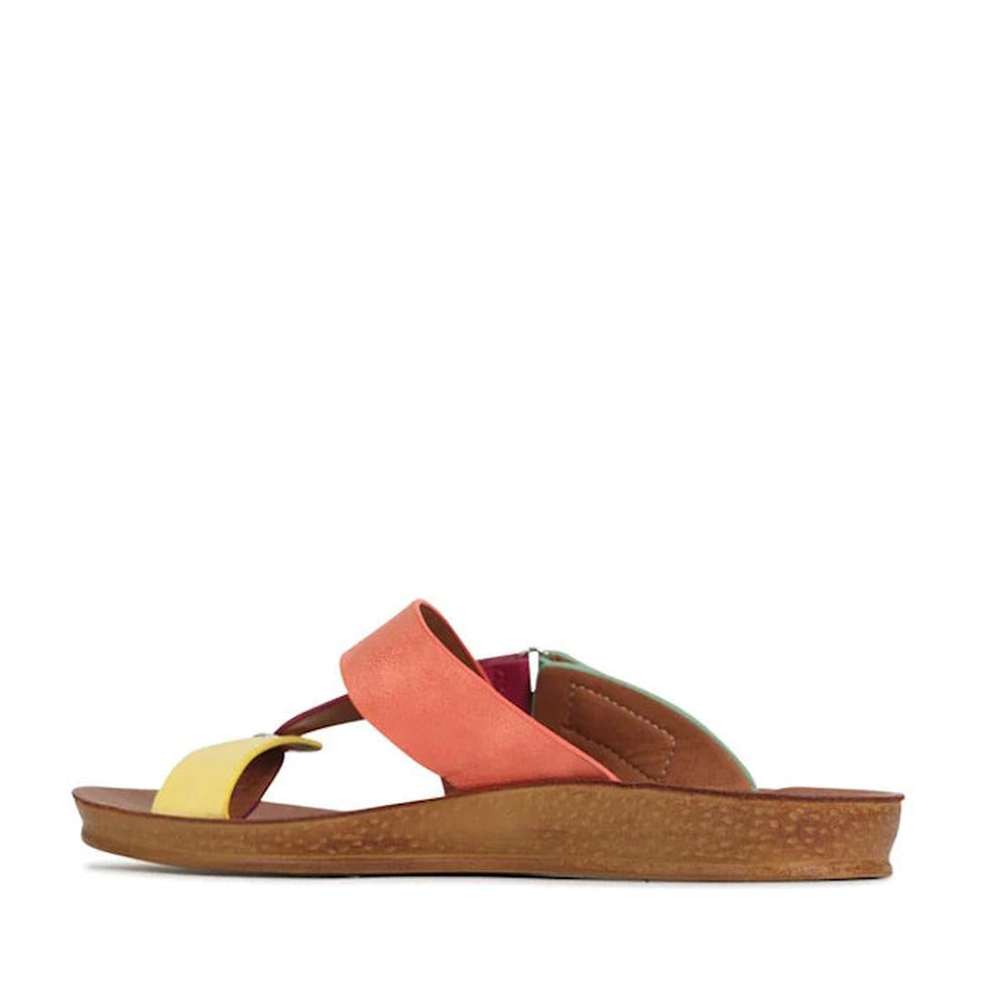 The Los Cabos Bry flat sandal flip flop features a brown sole, a yellow toe strap, and a wide coral strap across the foot, shown against a white background., 9321191151656, 9321191151663, 9321191151670, 9321191151687, 9321191151694, 9321191151700, 9321191