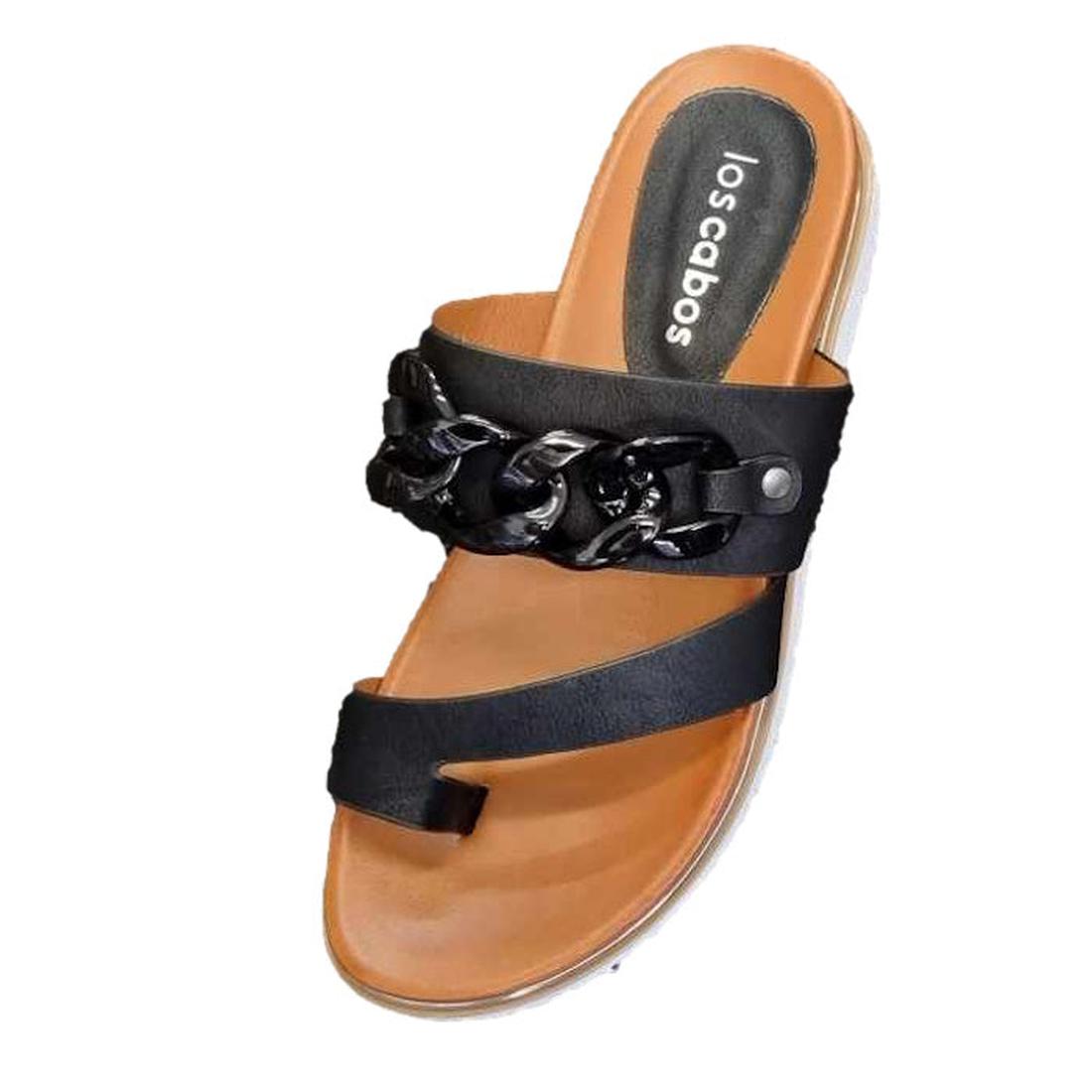 The Los Cabos Cai Sandal with Chain Detail Black is a comfy summer slide with two black straps, chain accent, and cushioned tan sole.  ksnz
