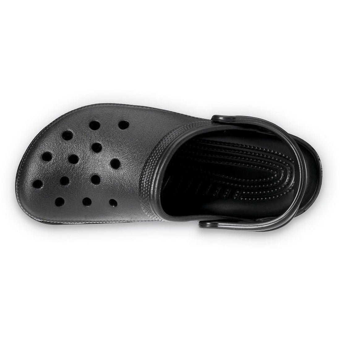 A top view of the Crocs Classic Clog Black for adults, featuring ventilation holes and an adjustable heel strap—comfortable unisex footwear for women and men., 841158002412, 841158002429, 841158002436, 841158002443, 841158002450, 841158002467, 84115800247