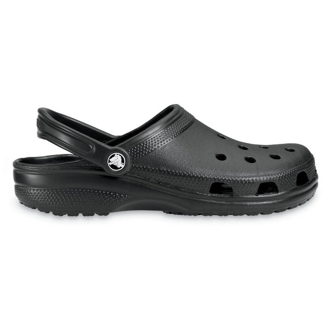 The Crocs - Classic Clog Black Adults womens & mens features ventilation holes, a textured sole, and an adjustable heel strap—comfortable unisex clogs shown in side profile for all-day wear., 841158002412, 841158002429, 841158002436, 841158002443, 8411580