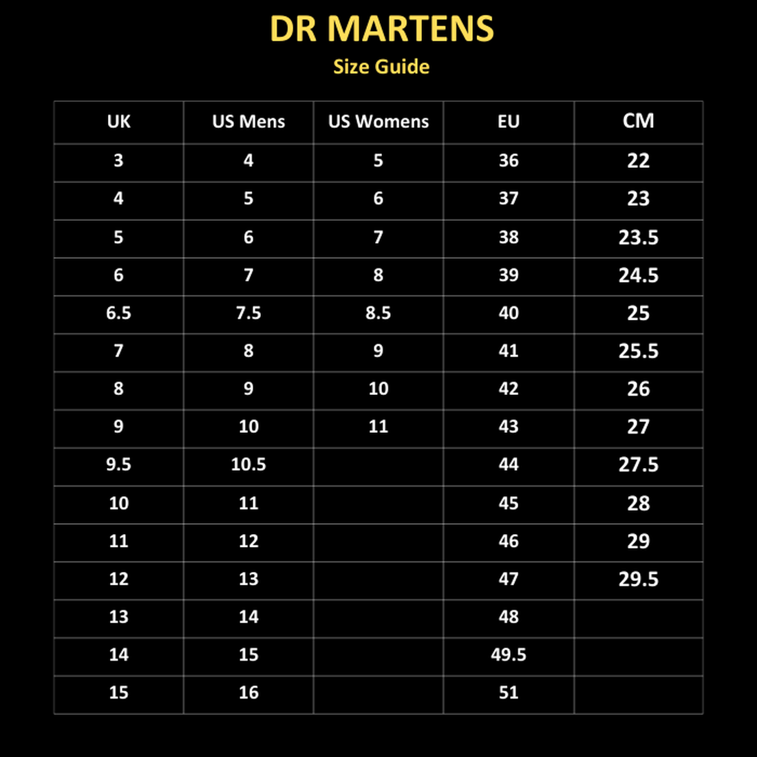 Dr. Martens size guide chart for the Bex 1461 Black Oxford shows UK, US Men’s, US Women’s, EU, and CM sizes in a black grid with yellow and white text—helping you find your perfect fit in this iconic style., 883985883604, 883985883611, 883985883628, 88398
