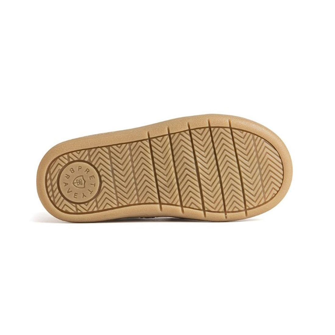 The image shows the sole of the Pretty Brave Electric Boot Khaki XO, a kids’ leather boot with a herringbone tread pattern and a circular PREVAIL logo near the heel., 28805, 28806, 9420075305335, 9420075305342, 9420075305359, 9420075305366, 9420075305373,