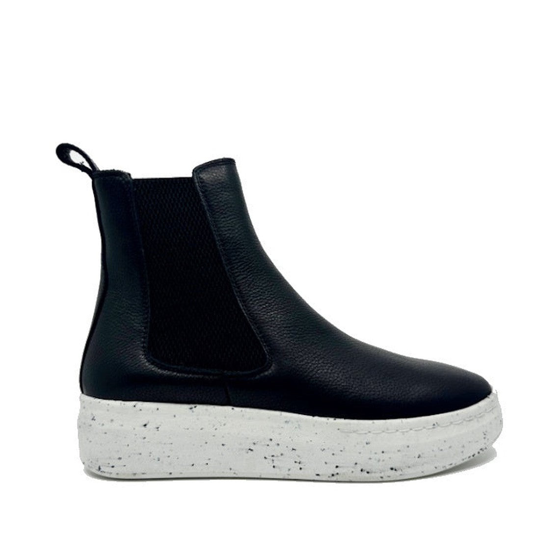 The Rollie Womens Chelsea City Black Speckle Leather Boot features black leather, elastic side panels, and a thick white speckled platform sole for sneaker-like comfort, shown side-on against a plain white background.