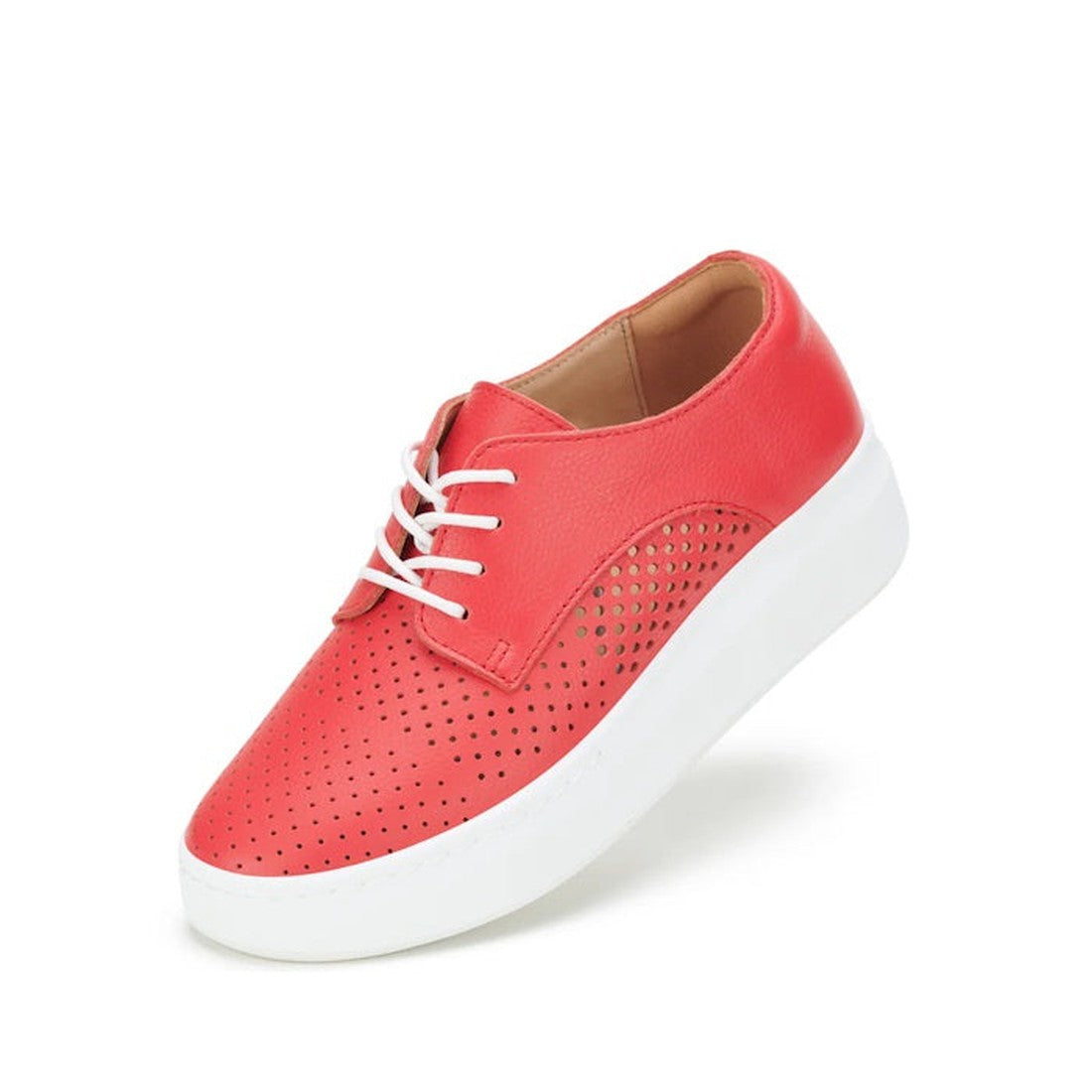 The Rollie Womens Derby City Punch Red Leather Trainer features premium red leather, white laces, side perforations, and a chunky white platform sole, shown against a white background.