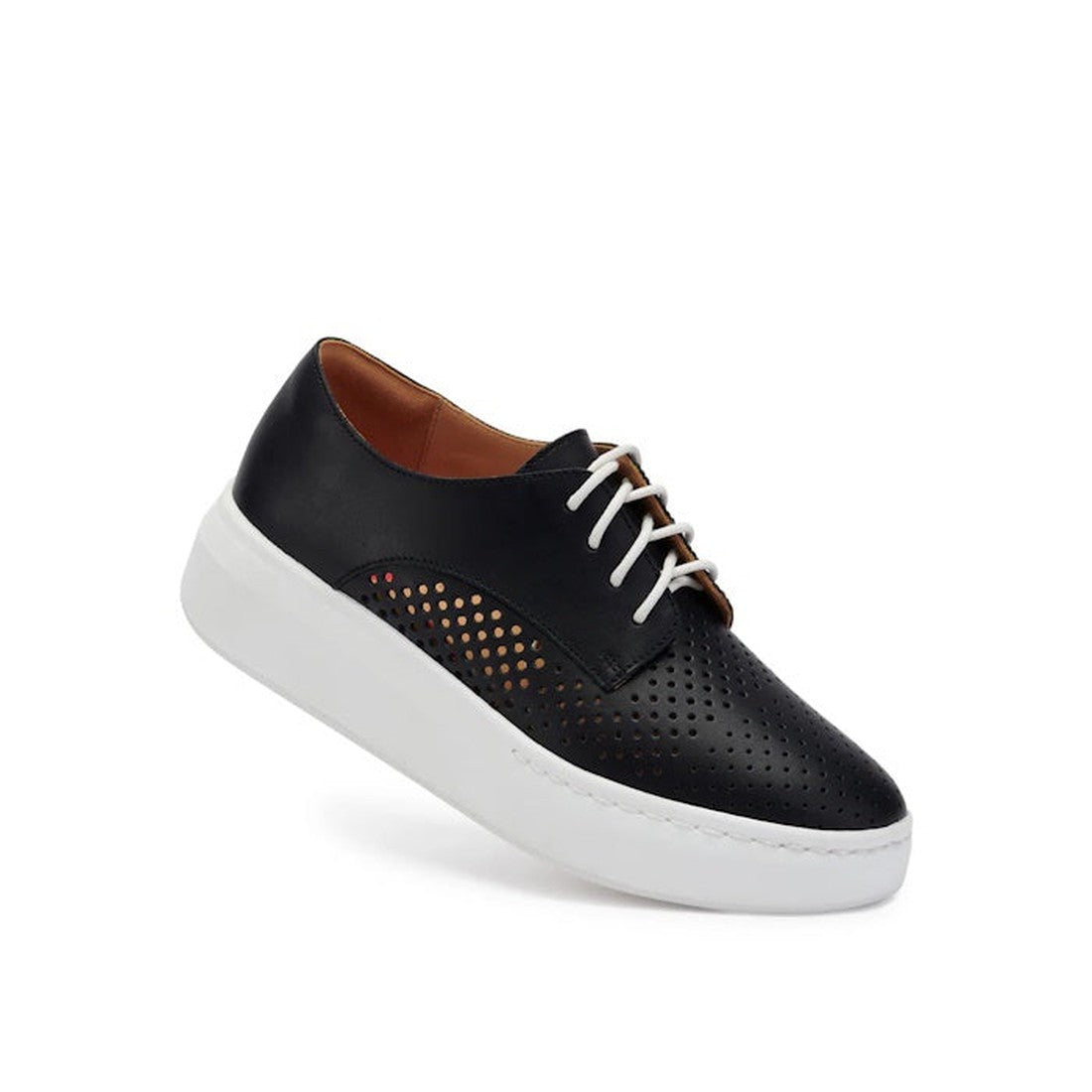 The Rollie Womens Derby City Punch Black Leather Trainer features a black leather upper, white laces, thick white platform sole, side perforations for breathability, and an orthotic-friendly removable footbed for stylish comfort.