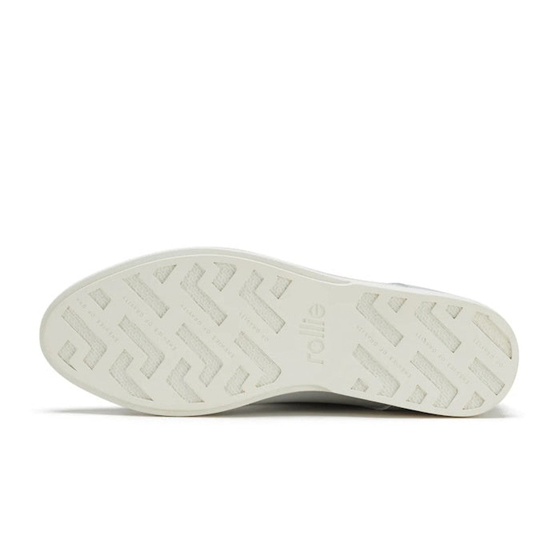 The image shows the white rubber sole of the Rollie Womens Derby Super Soft Stone Leather Shoe, featuring a geometric zigzag tread pattern and "rollie" embossed in the center, suggesting sneaker-like comfort., 9781760763930, 9781760763947, 9781760763954, 