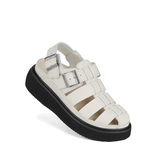Right foot front and outer side view White Rollie Hyde Fisherman sandal with black sole on a white background. Shows ankle strap with buckle fastening on heel and over the top of the foot top strap. Three other straps ver the foot and one lengthwise cover