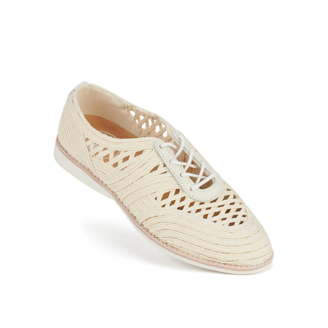 Rollie Womens Derby Open Weave Oat Off White Trainer is a comfy, beige lace-up oxford with cut-outs, soft sole, and secure fit.  ksnz
