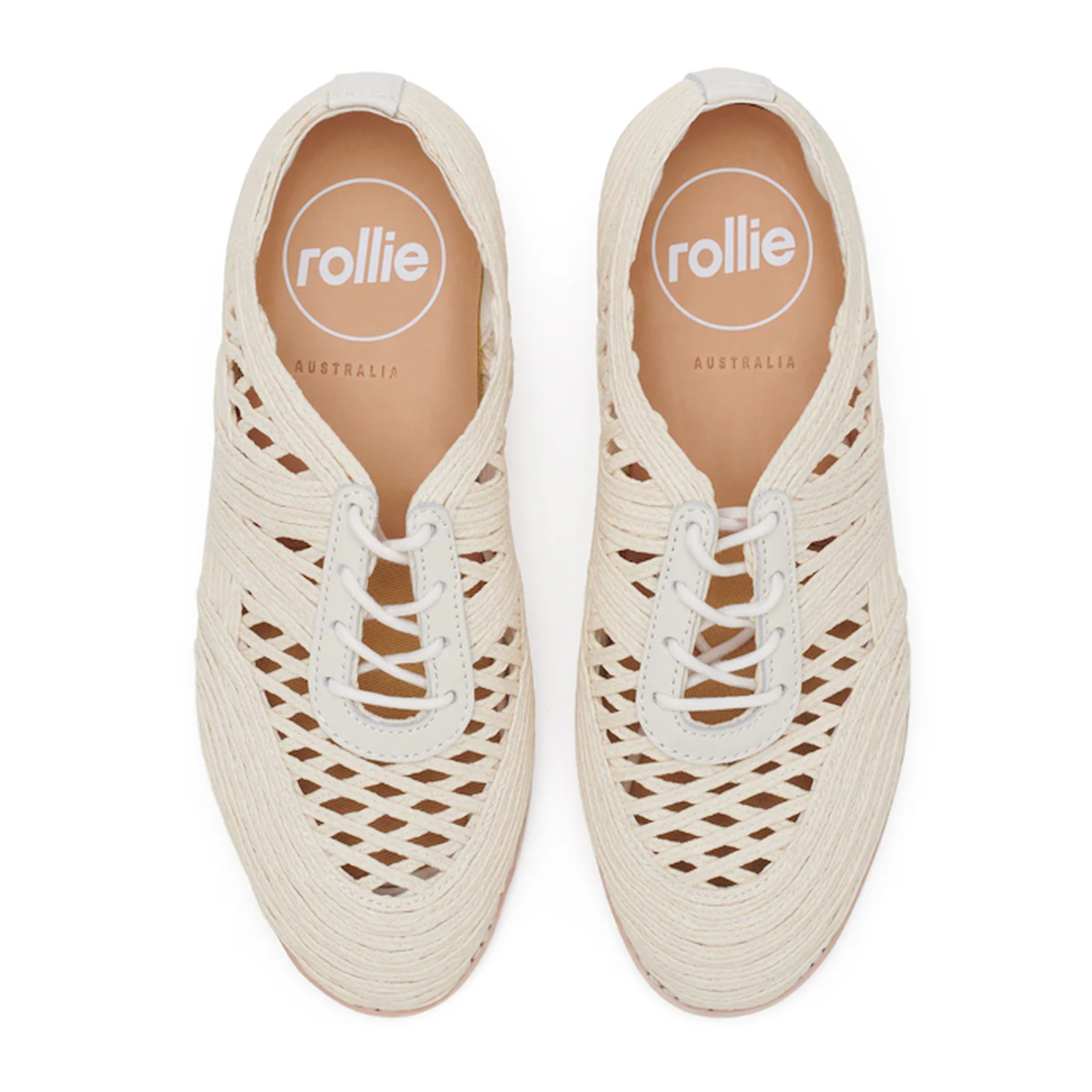 Rollie Womens Derby Open Weave Oat Off White Trainers, comfy lace-ups with airy cream mesh, tan insoles, and soft EVA soles.  ksnz, 9781760774608, 9781760774615, 9781760774622, 9781760774639, 9781760774646