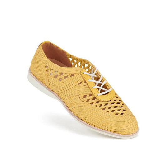 The Rollie Womens Derby Open Weave Sunshine Yellow Trainer is a comfy yellow sneaker with white laces, grippy sole, and breezy cutouts.  ksnz