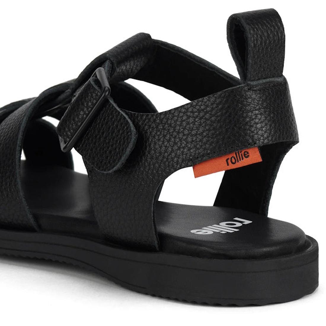 Back heel view of the Rollie Fisherman Bllack sandal with a visible brand logo on a white background.,
9781760777722,
9781760777739,
9781760777746,
9781760777753,
9781760777760,
9781760777777,, 9781760777722, 9781760777739, 9781760777746, 9781760777753, 9