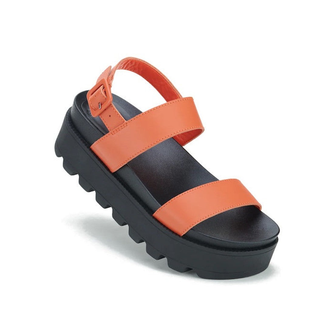 The Rollie Womens Zeze Wedge Strap Sandal in Tangerine/Black Leather features a chunky black sole, wide orange foot straps, an orange ankle strap with buckle, and a rugged tread for modern comfort and everyday wear.