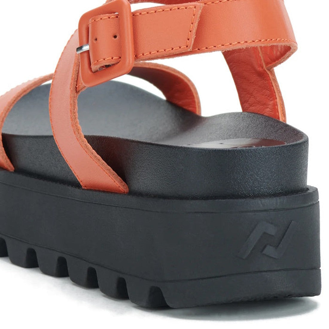 Close-up of the heel and ankle strap of the Rollie Womens Zeze Wedge Strap Tangerine/Black Leather Sandal, featuring premium orange leather and a thick black platform sole with textured tread—ideal for comfortable walking., 9781760767655, 9781760767662, 9