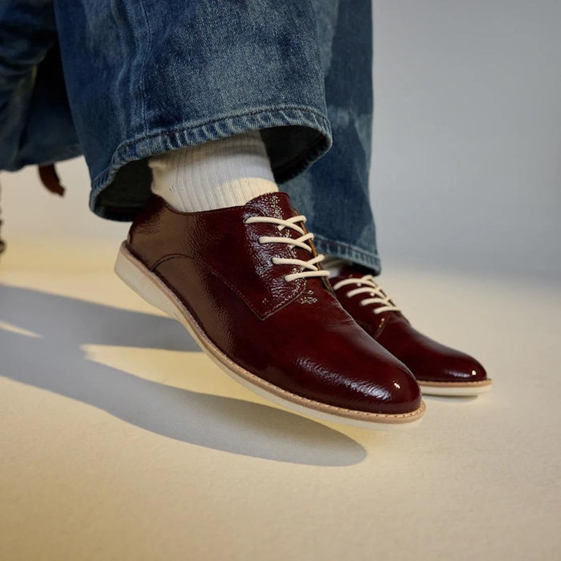 Rollie Womens Derby Super Soft DP Wine Crinkle Patent Shoes—sparkling burgundy lace-up, white sole, extra comfy for all-day family fun.  ksnz, 9781760788742, 9781760788759, 9781760788766, 9781760788773, 9781760788780, 9781760788797, 9781760788803