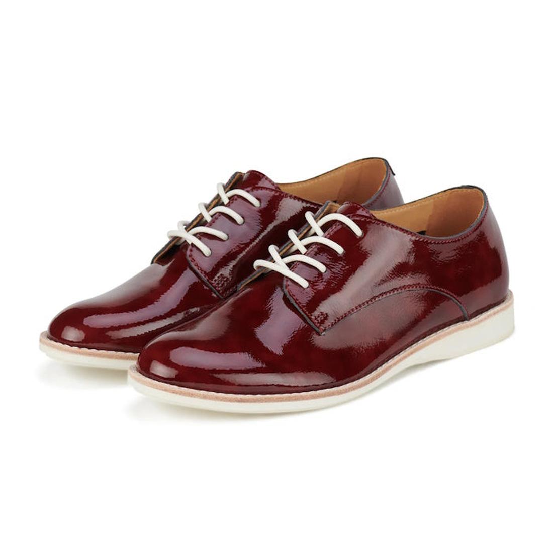 Rollie Womens Derby Super Soft DP in shiny burgundy patent, comfy EVA midsoles, white soles and laces. Shown on white background.  ksnz, 9781760788742, 9781760788759, 9781760788766, 9781760788773, 9781760788780, 9781760788797, 9781760788803
