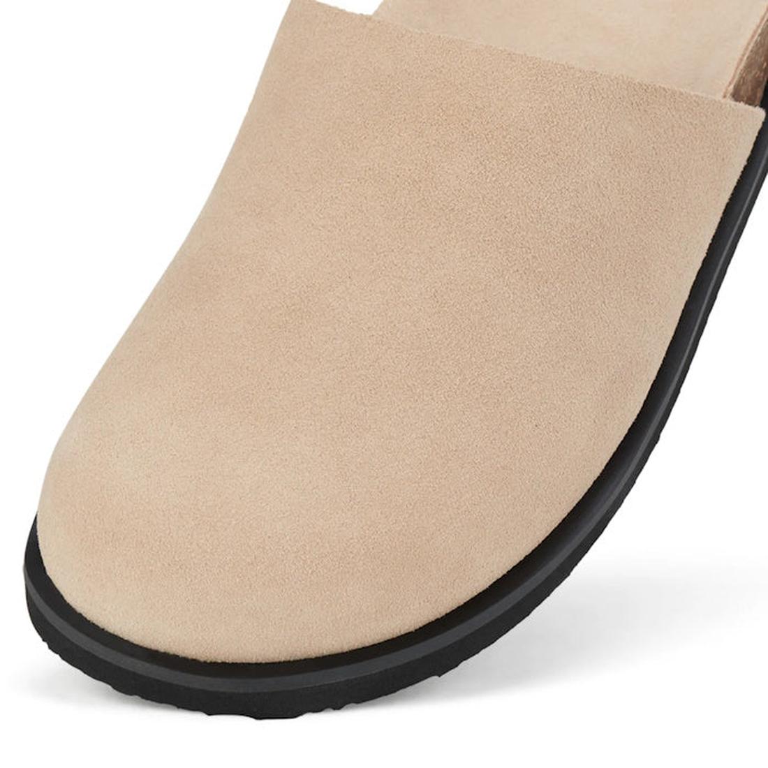 Close-up of the toe of a suede Rollie Mills Mule in a beige colour and a black sole on a white background.,
9781760789114,
9781760789121,
9781760789138,
9781760789145,
97817760789152,, 9781760789114, 9781760789121, 9781760789138, 9781760789145, 9781776078
