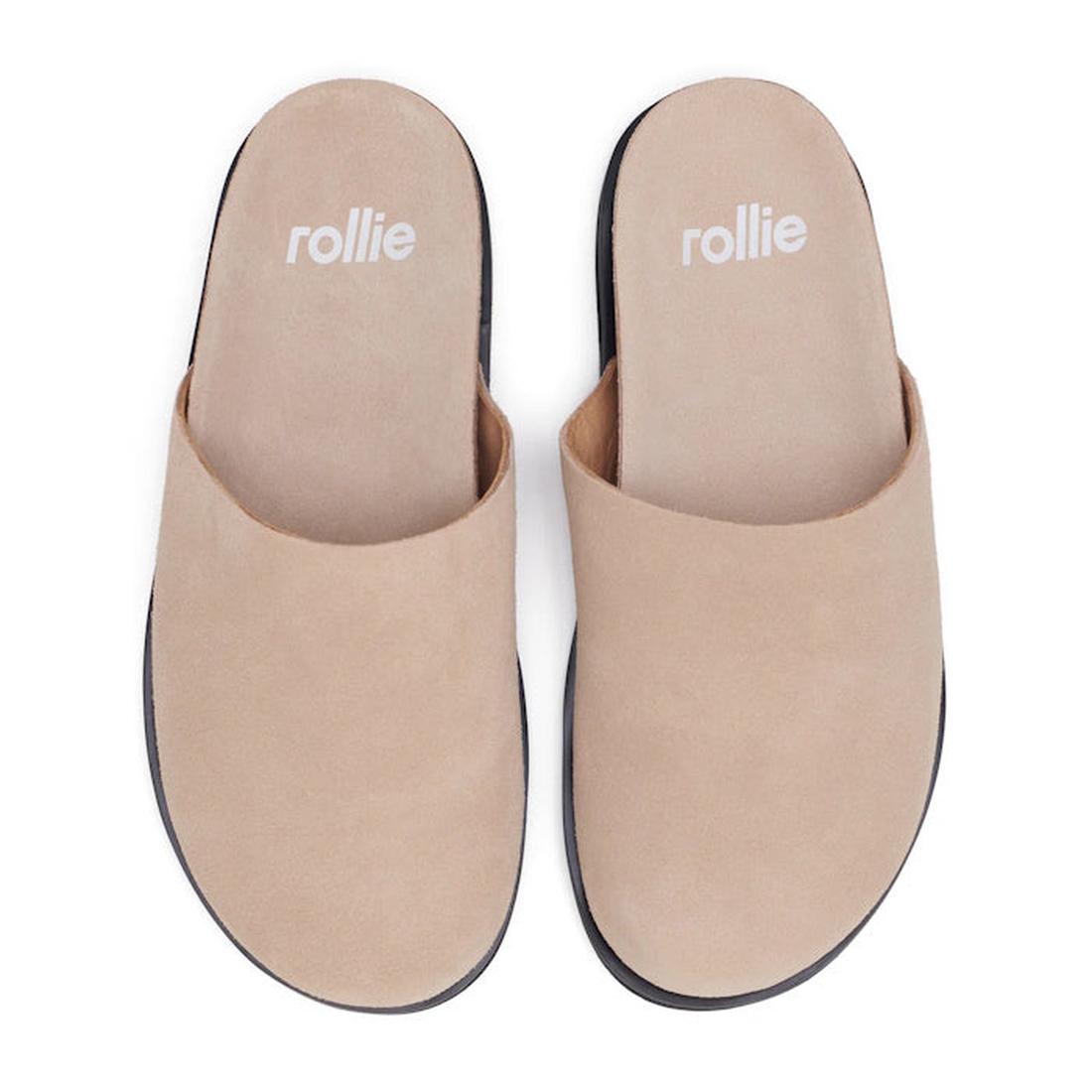Pair of Rollie Mills Mules with a covered toe an open back, top down view showing beige sole with 'rollie' branding on a white background.,
9781760789114,
9781760789121,
9781760789138,
9781760789145,
97817760789152,, 9781760789114, 9781760789121, 97817607