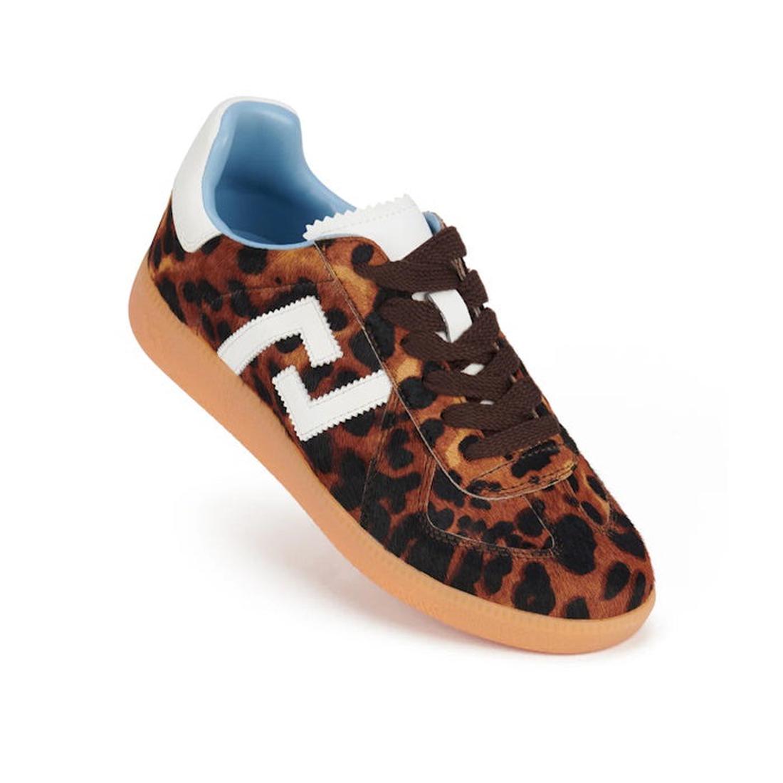 Rollie Womens Pace Dark Camel Leopard Sneaker is a comfy lace-up with suede leopard print, white accent, blue lining, and brown sole.  ksnz