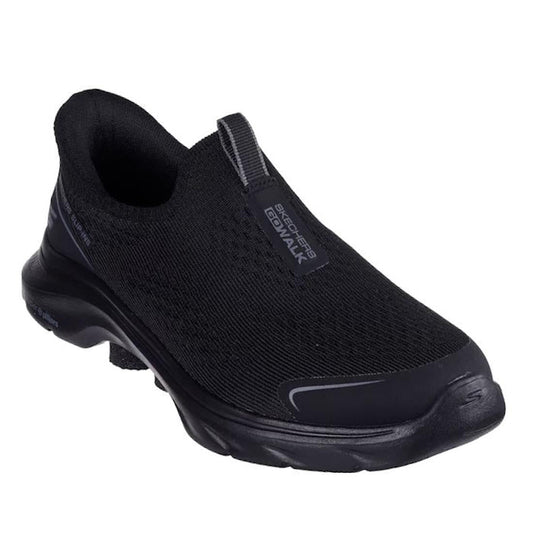 Side and front view of a  black Skechers GO WALK 7 safari slip-on sneaker for women with a knit upper and a stable sole.