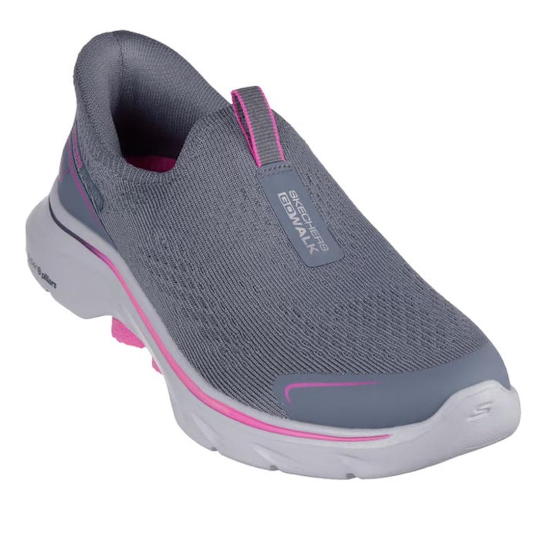 A Skechers Safari Go Walk 7 women's slip-on walking shoe in gray and pink, featuring a knit upper and a Skechers logo on the side.