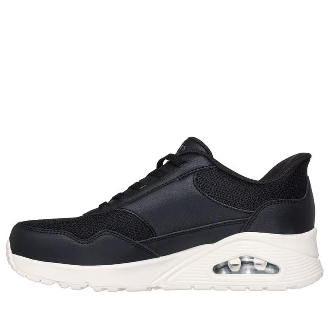 Side view of a Skechers black womens uno Banksia slip in with a white sole.,
198376467814,
198376467838,
198376467852,, 45033, 45034, 45035, 45036, 198376467814, 45038, 198376467838, 45040, 198376467852, 45042