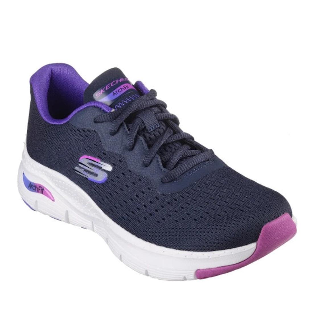Skechers Arch Fit Lace Up Infinity Cool WIDE Trainer in navy with purple and pink details, cushioned white sole, laces, and arch support.  ksnz