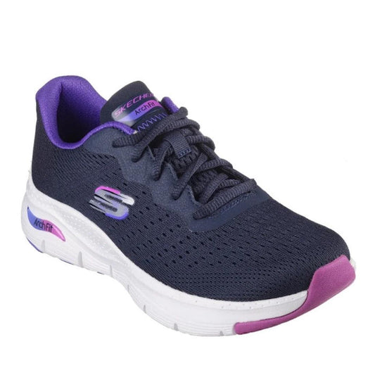 Skechers Arch Fit Lace Up Infinity Cool WIDE Trainer in navy with purple and pink details, cushioned white sole, laces, and arch support.  ksnz