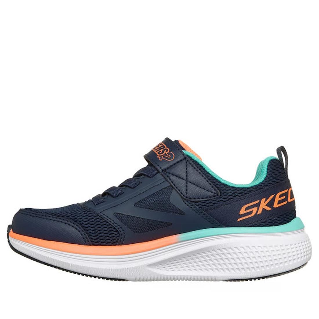 The Skechers Boys Go Run Elevate 2.0 Where's My Skechers? Navy Trainer features a navy mesh upper with light blue, orange, and teal accents, white sole, Velcro strap, Apple AirTag compatible tag pocket, and orange “SKECHERS” logo., 198739878851, 198739878