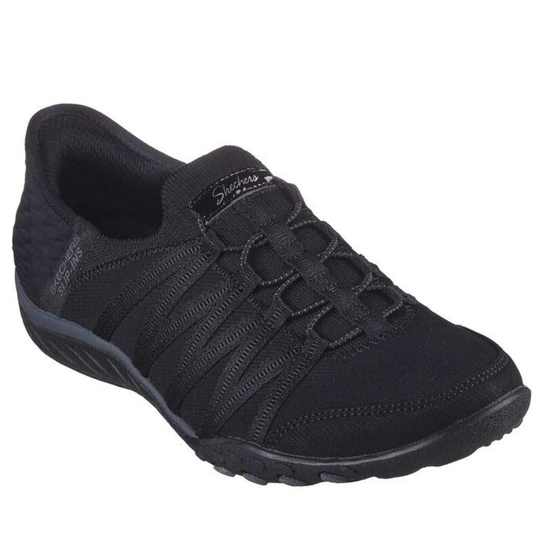 Skechers Breathe Easy Roll With Me SLIP INS, black sneaker with textured sole, easy bungee laces, soft upper & cushioned comfort.  ksnz