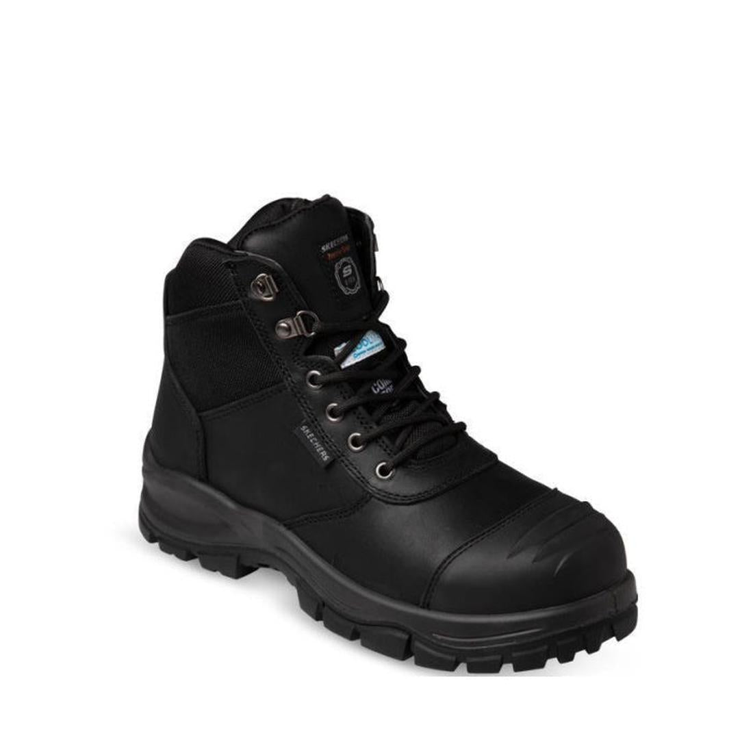 Skechers Composite Toe Work Boot Ruddle Black Womens offers tough black boots with sturdy soles, slip resistance, and lace-up closure.  ksnz