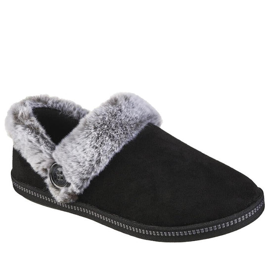 Skechers Cozy Campfire Fresh Toast Black vegan slipper for women, with plush gray faux fur, side button, memory foam, sturdy sole.  ksnz