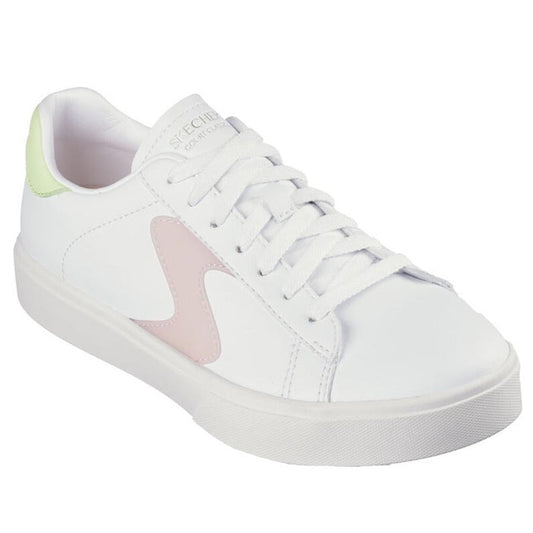 Skechers Eden LX Top Grade White Lime Multi Women's Trainer, a comfy white sneaker with pink and green touches, lace-up, memory foam sole.  ksnz