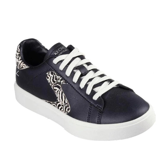 The Skechers Street Eden LX Feeling Fierce Black Natural Women’s sneaker features black uppers, white laces and sole, a black-and-white animal print accent, and an Air-Cooled Memory Foam insole for all-day comfort.
