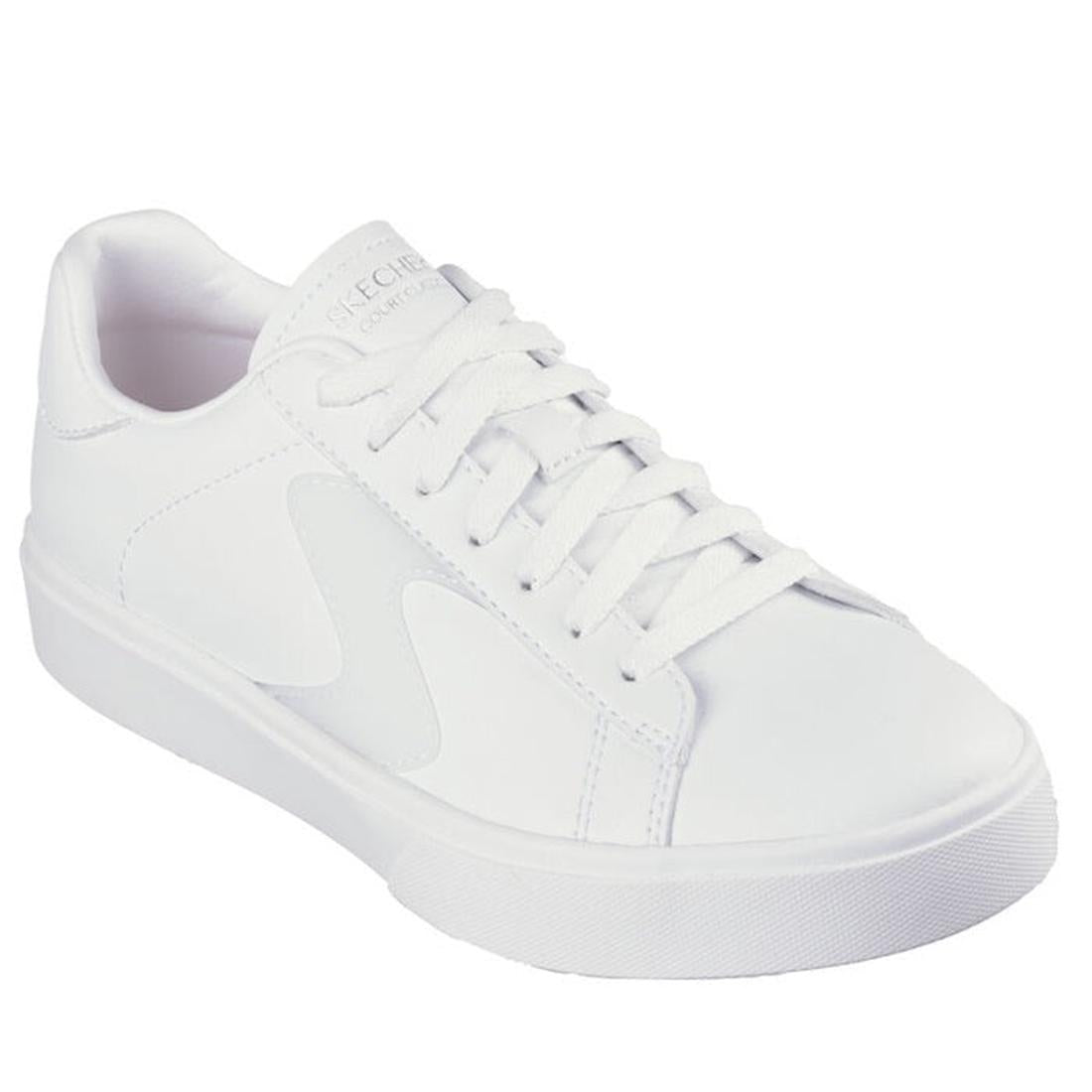 Skechers Eden LX Top Grade White Womens Trainer—white low-top sneaker with comfy thick sole, easy white laces, soft memory foam.  ksnz