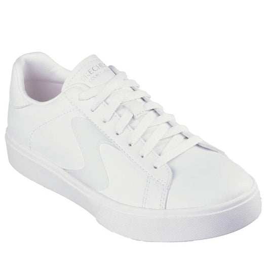 Skechers Eden LX Top Grade White Womens Trainer—white low-top sneaker with comfy thick sole, easy white laces, soft memory foam.  ksnz
