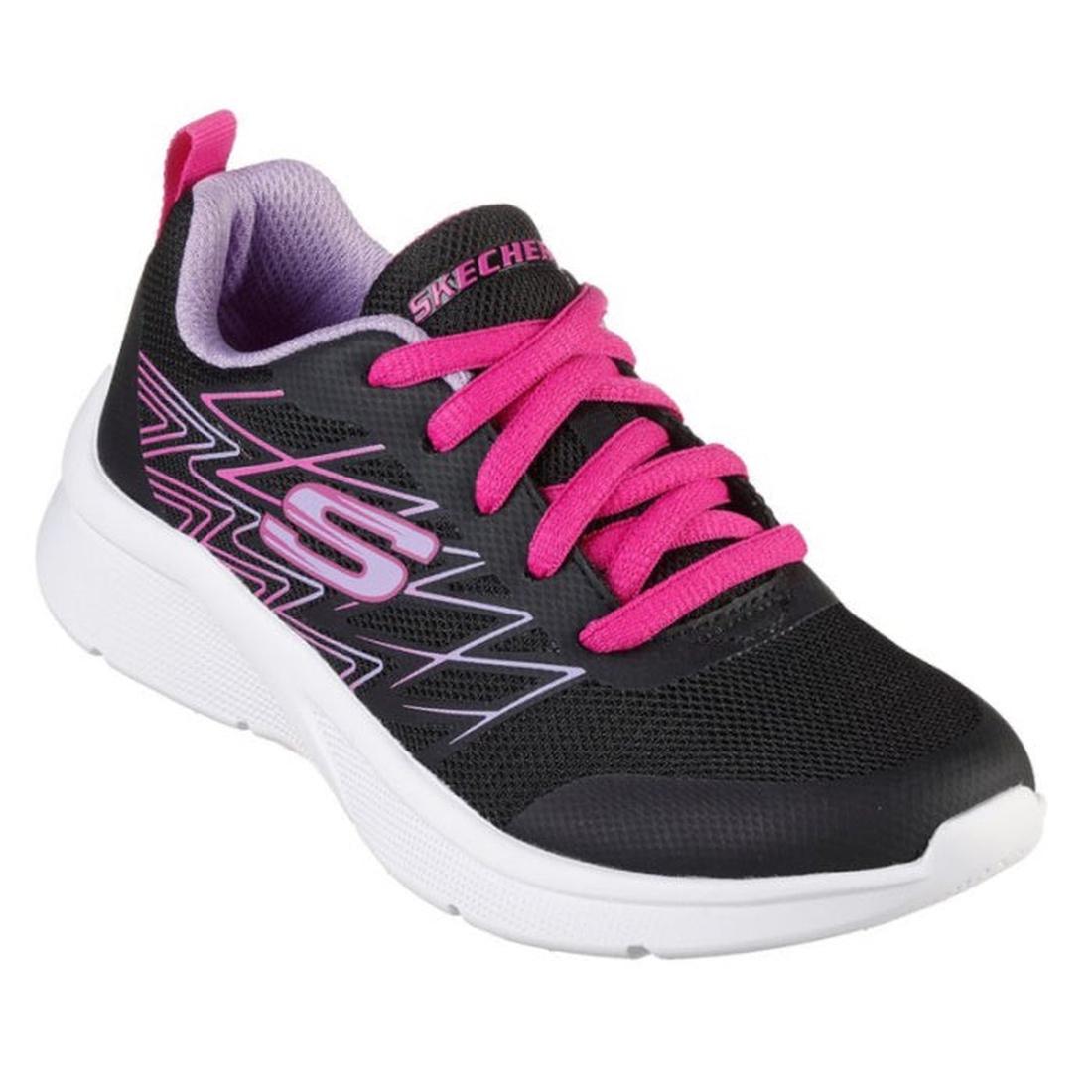Skechers Kids Microspec - Bright Runner Lace Up Black: comfy black athletic shoes with pink laces, zigzag pops, and cushy white soles.  ksnz