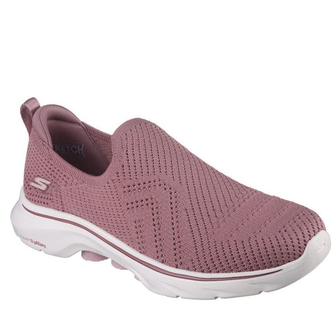 Skechers Go Walk 7 Amina: comfy mauve slip-on with airy mesh top, easy white sole, and cozy Air-Cooled Goga Mat for all-day support.  ksnz