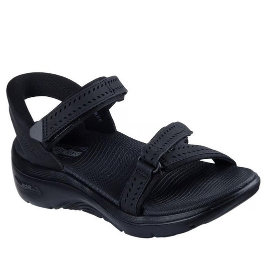 The Skechers Women's Go Walk Arch Fit 2.0 SLIP INS Candace Black Sandal features two adjustable Velcro straps, a contoured sole for comfort and support, a textured footbed, a slightly elevated heel, and is vegan-friendly.