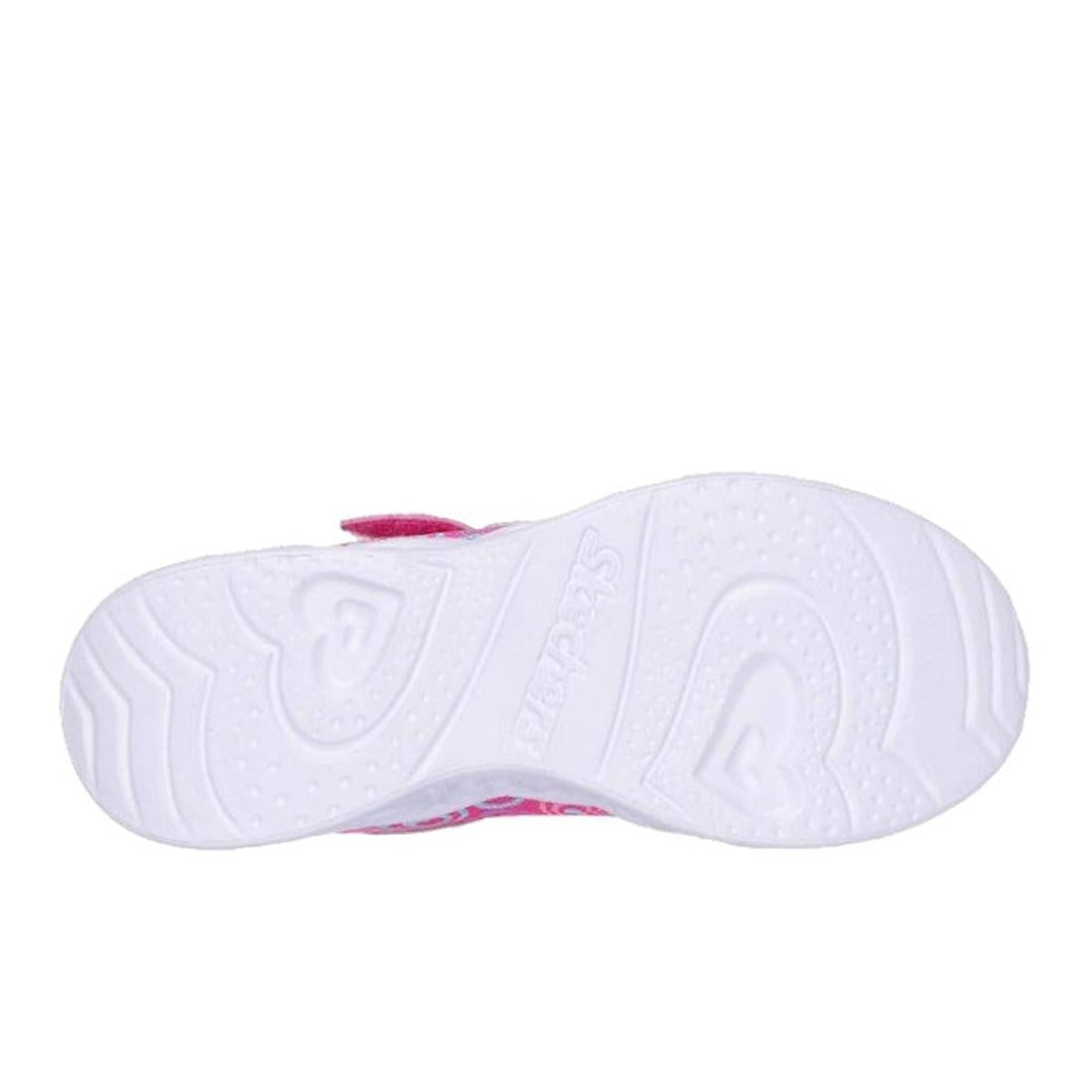 The image shows the white sole of the Skechers S Lights Heart Lights Boogie Love Hot Pink Multi sneaker, with embossed hearts, textured patterns, the Skechers logo at the center, and a glimpse of its hot pink multi upper., 198376663469, 198376663483, 1983
