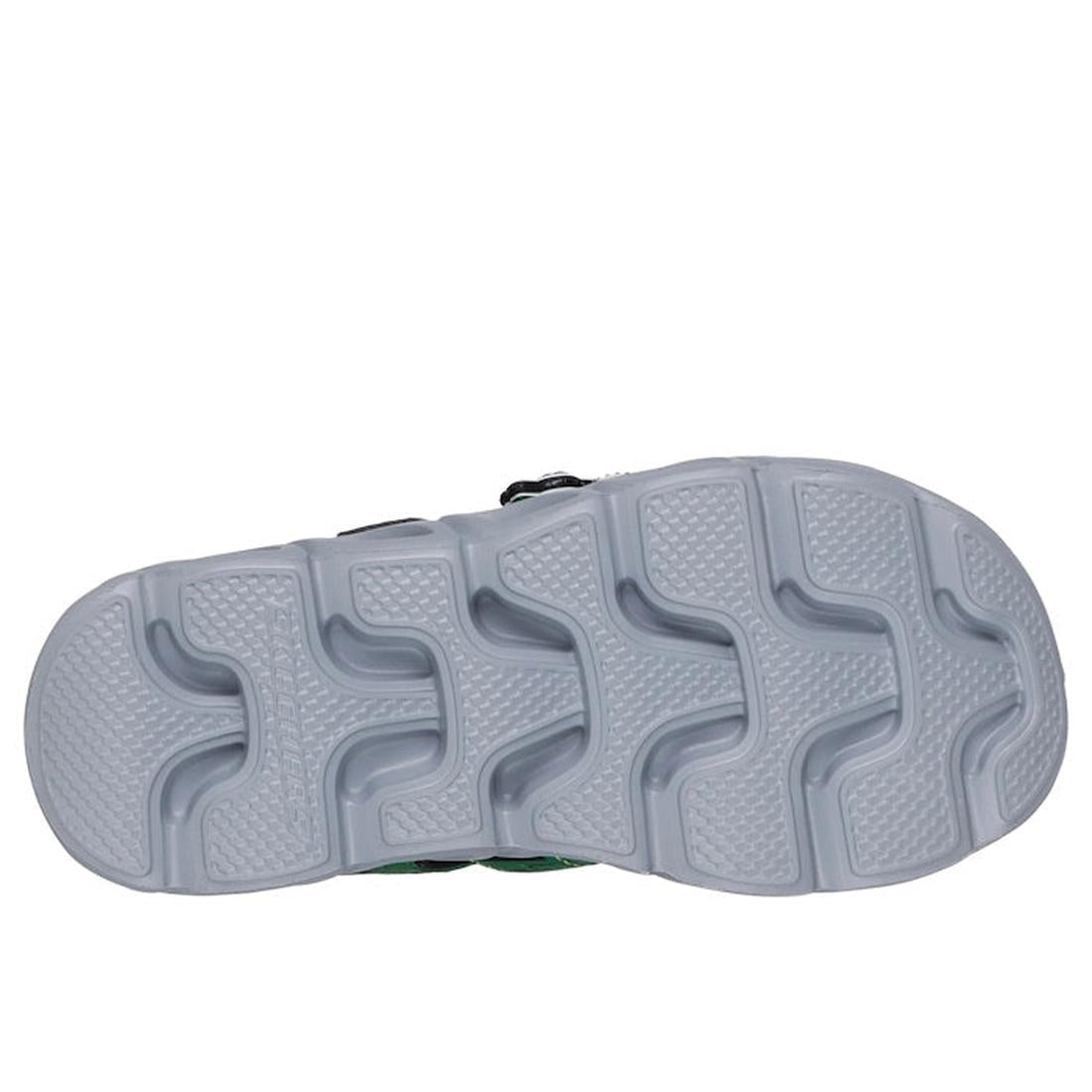 The image shows the gray, textured rubber sole of the Skechers Kids Hypno Splash John Deere Light Up Sandal, featuring a wavy, segmented tread pattern for enhanced grip., 198376587888, 198376587895, 198376587901, 198376587918, 198376587925, 198376587932