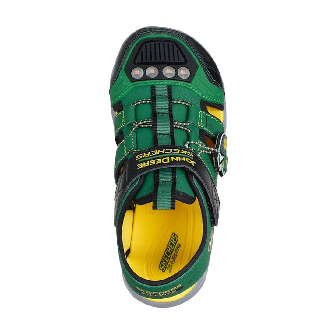 Top view of the Skechers Kids Hypno Splash John Deere Light Up Sandal in green and black with yellow accents, toe lights, and “John Deere” and “Skechers” branding on the strap and insole., 198376587888, 198376587895, 198376587901, 198376587918, 1983765879
