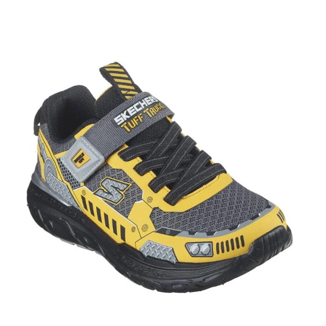 The Skechers Kids Skech Tracks Charcoal Yellow Tuff Truck Trainer features a sporty black, yellow, and gray design with black laces, cushioned comfort insole, hook-and-loop “Skechers Tuff Trac” strap, and automotive-inspired details.
