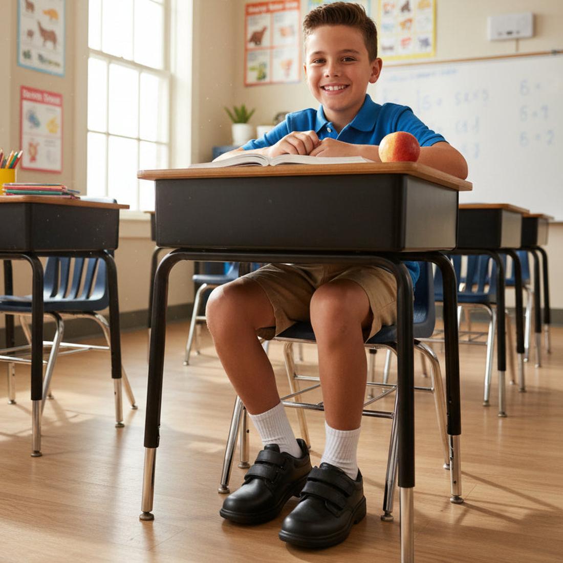 A smiling boy in a blue polo, khaki shorts, and Skechers Smooth Tracks Classic Stride Adjustable Black School Shoe sits at a classroom desk with an open book and an apple, surrounded by posters, a whiteboard, and empty desks., 50038, 199252479280, 1992524