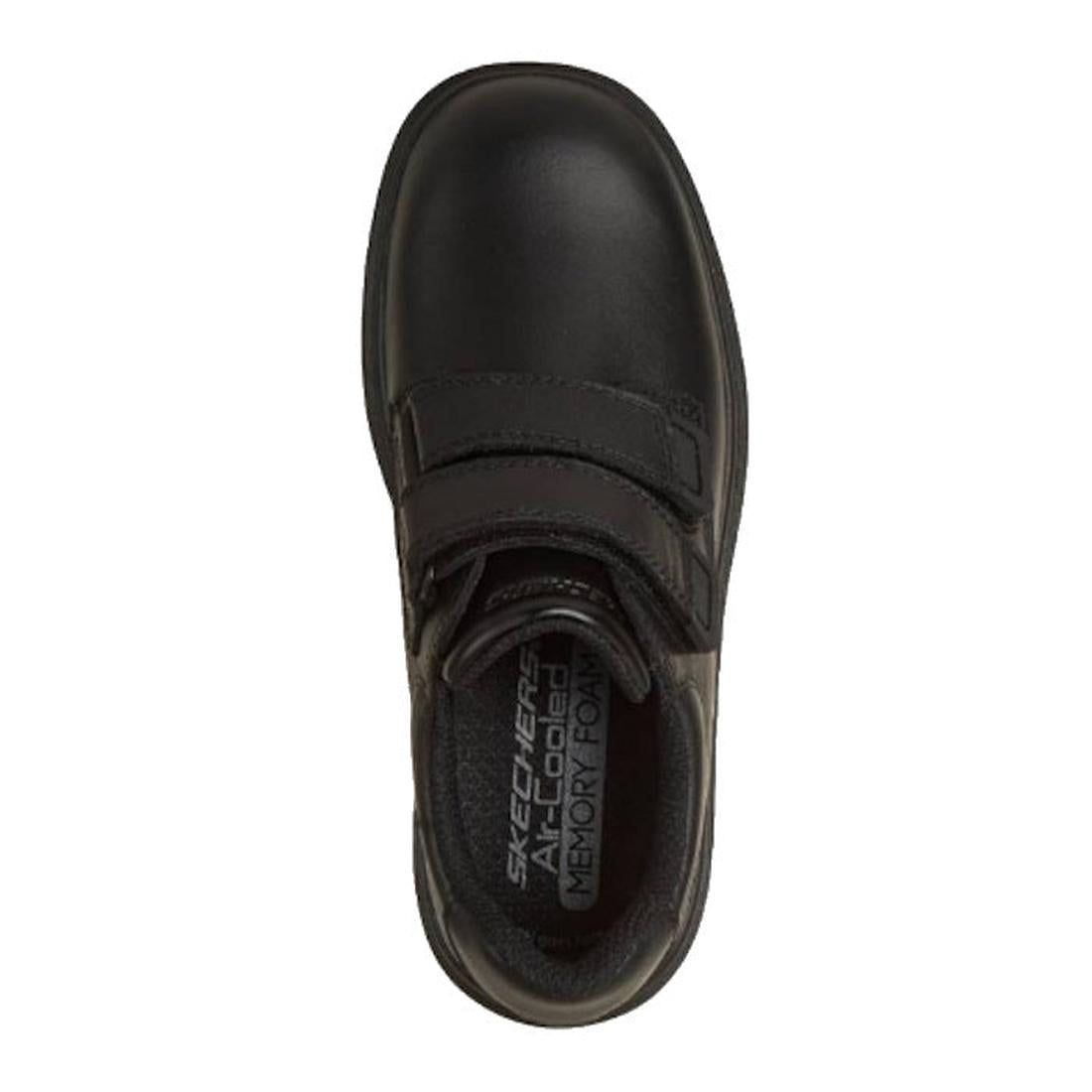 Top view of the Skechers Smooth Tracks Classic Stride Adjustable Black School Shoe with two hook-and-loop straps, memory foam insole, and full-grain leather—perfect for school uniforms on a white background., 50038, 199252479280, 199252479303, 19925247932