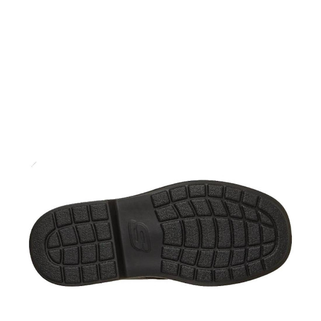Black rubber outsole with grid tread and an embossed "S" logo, designed for the Skechers Smooth Tracks Classic Stride Adjustable Black School Shoe—ideal for school uniforms. Shown against a white background., 50038, 199252479280, 199252479303, 19925247932
