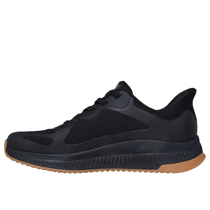 The Skechers Mens Bobs Sport Squad Chaos 4 Slip In WIDE Width Black features a black mesh and synthetic upper, black laces, thick tan sole, and Memory Foam insole. The athletic sneaker is shown left-facing on a white background., 52370, 52371, 19837664980