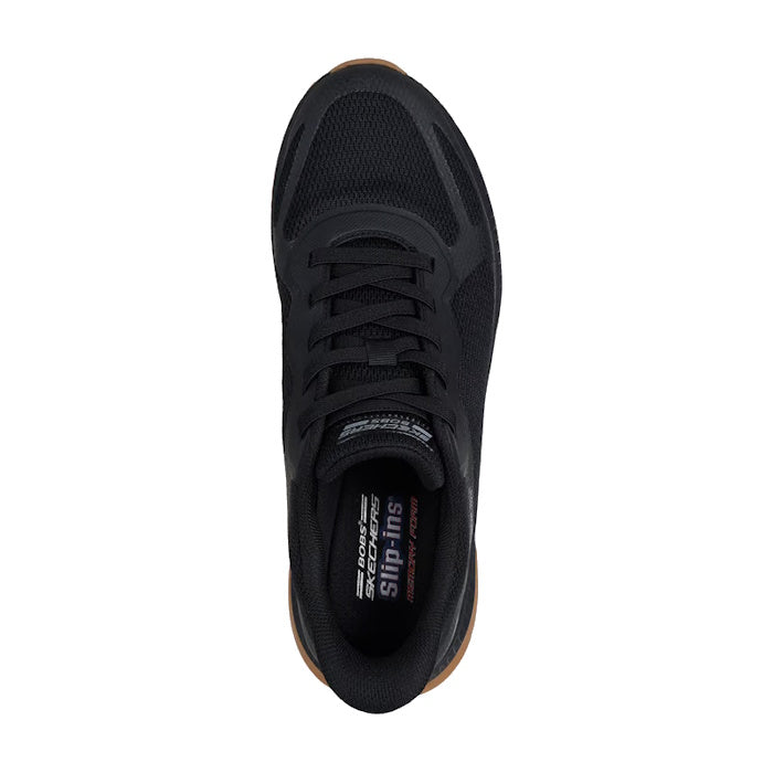 Top view of the Skechers Mens Bobs Sport Squad Chaos 4 Slip In WIDE Width Black sneaker with black laces, mesh toe detailing, brown rubber sole, and Memory Foam insole for comfort. Displayed on a white background., 52370, 52371, 198376649807, 198376649821