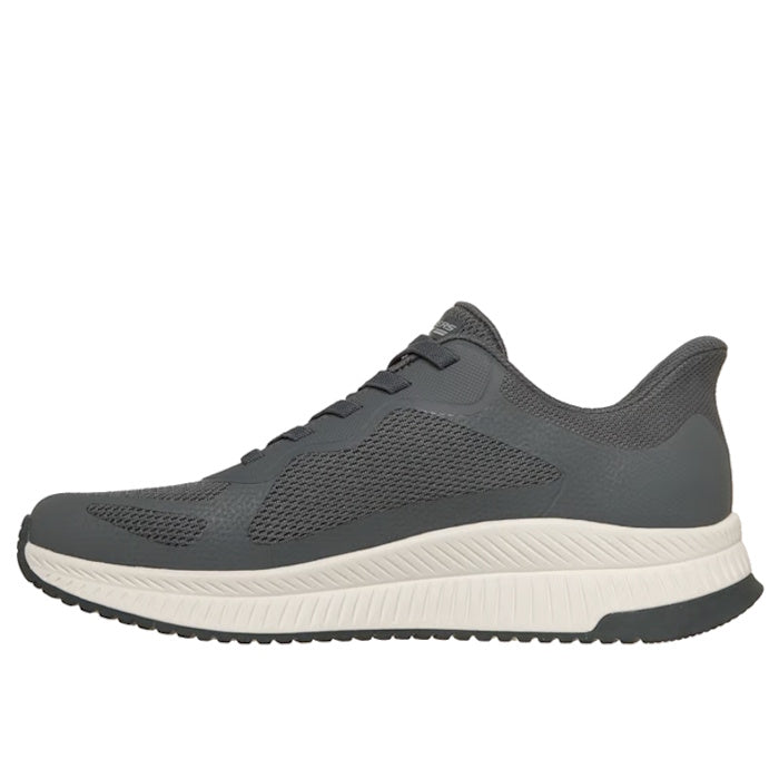 The Skechers Mens Bobs Sport Squad Chaos 4 Slip In in Charcoal Grey is a gray athletic sneaker with a mesh upper, slip-in design, thick white textured sole, and Memory Foam insole for all-day comfort, shown from the side., 52366, 52367, 199252037244, 1992